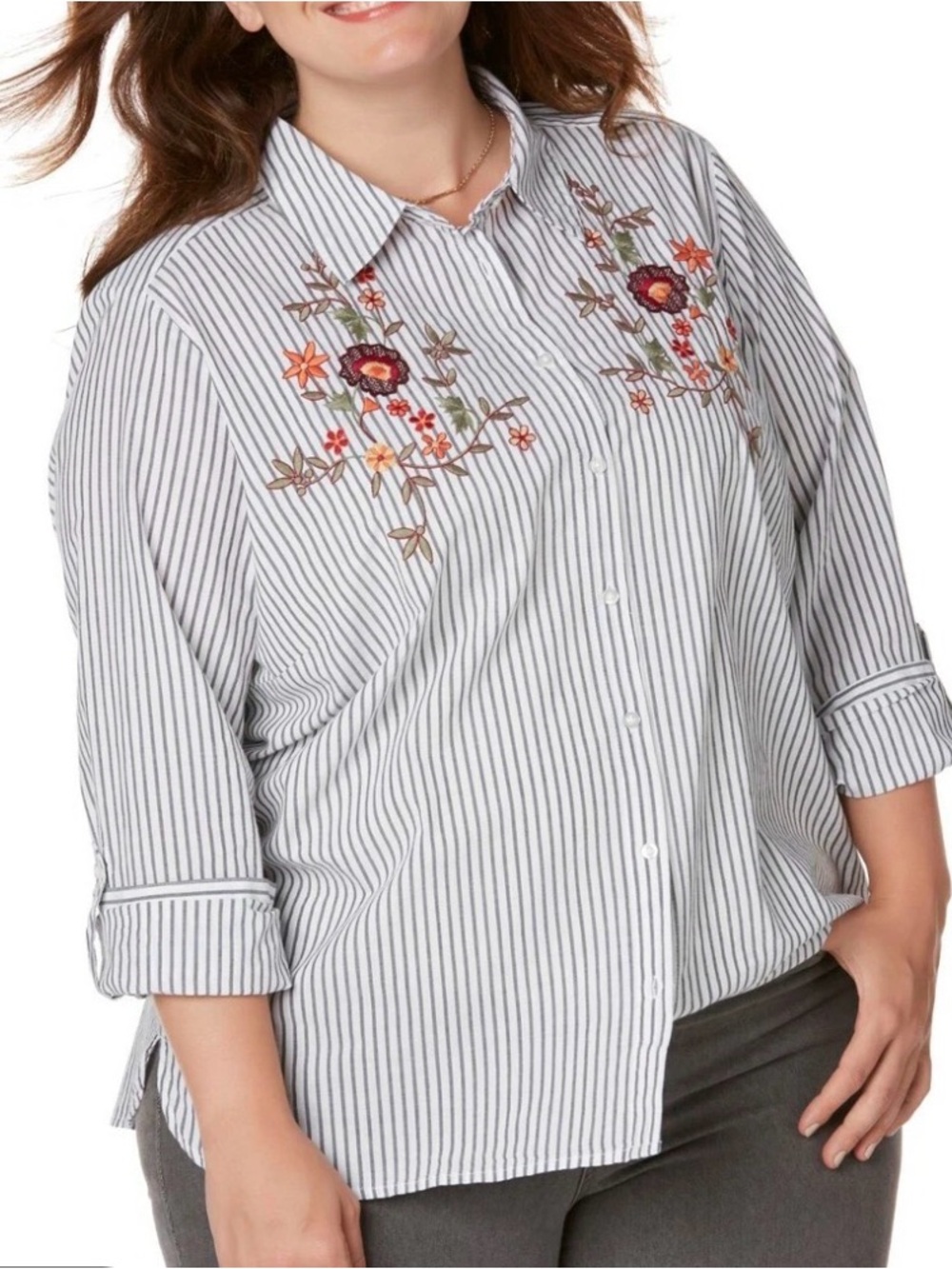 Laura Scott Striped Button-Down Shirt with Floral Embroidery 2X Fall Garden Cute